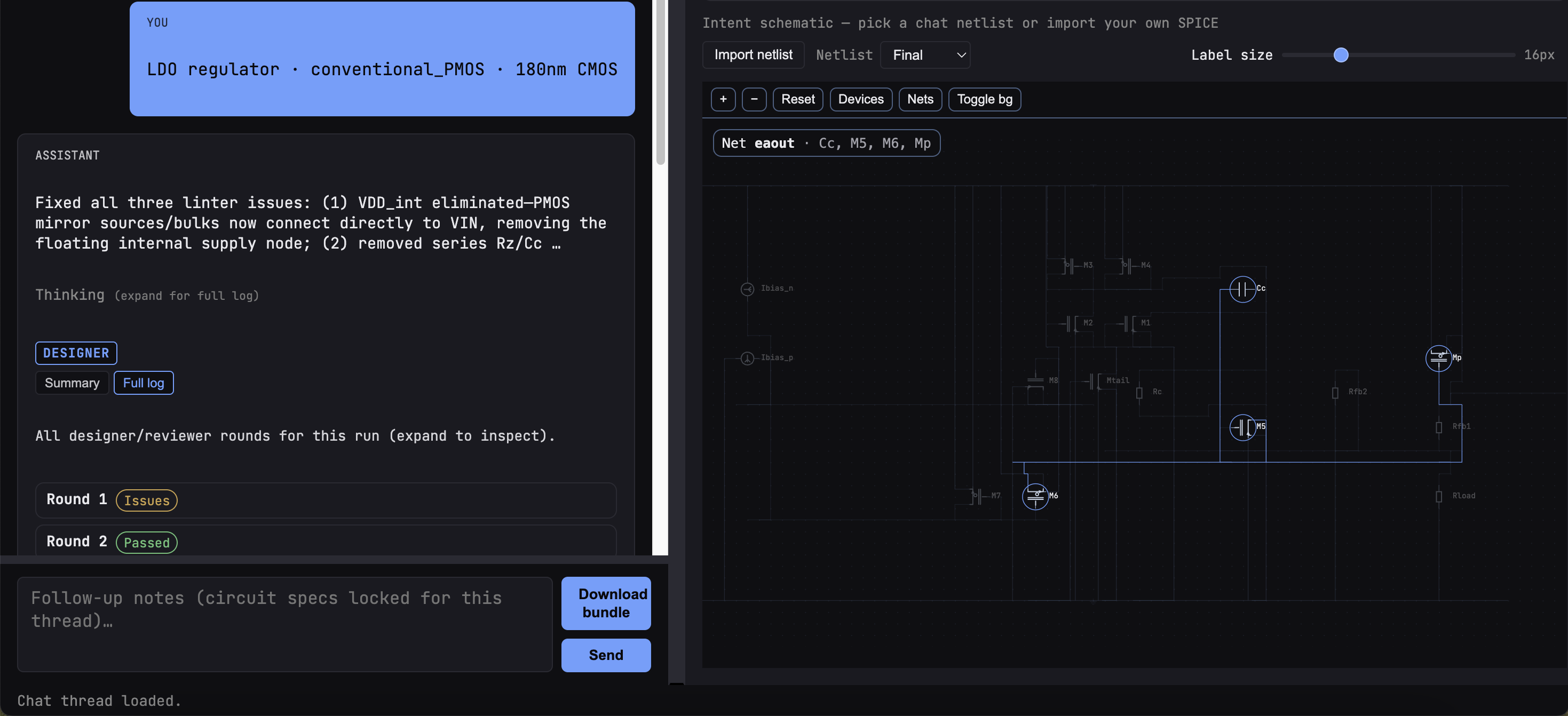 The Samurai app: an LDO regulator specified as 'LDO regulator · conventional_PMOS · 180nm CMOS', the designer agent's iteration log resolving circuit issues, and the generated schematic rendered in the right panel with net-level highlighting.